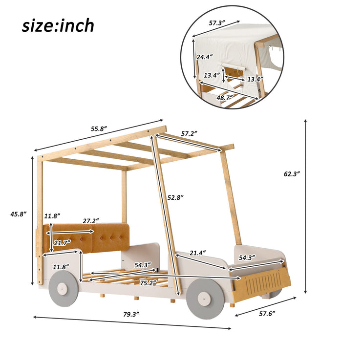 Twin Size Car Bed & Pillow, Ceiling Cloth And LED - Natural
