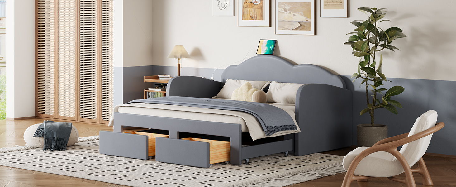 Upholstered Daybed With Cloud-Shaped Backrest, Trundle & 2 Drawers And USB Ports
