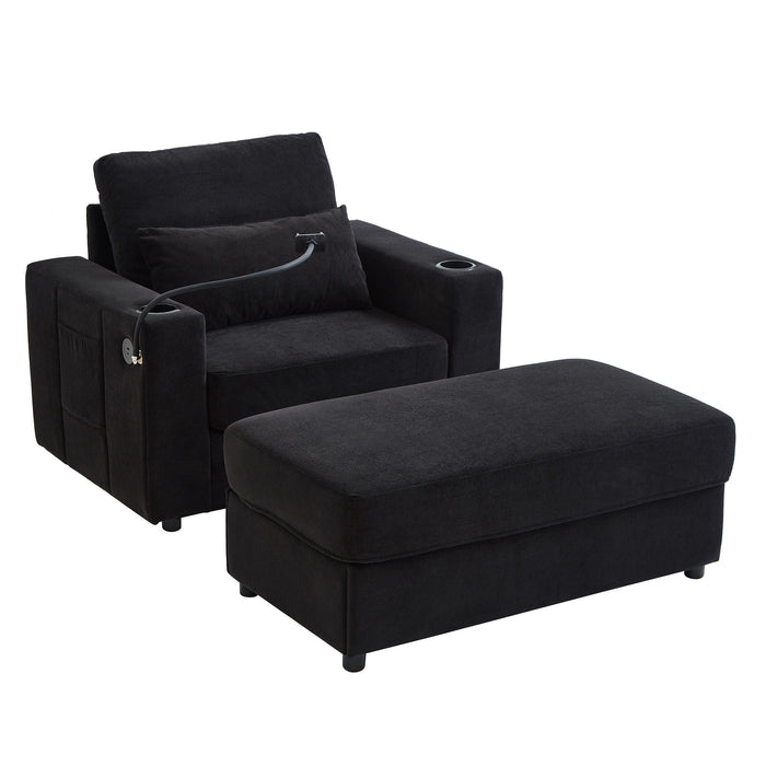 Modern Style Armchair Chaise Lounge Sofa Couch With Movable Storage Ottoman, USB Ports, Cup Holders, Phone Holder, Side Pockets