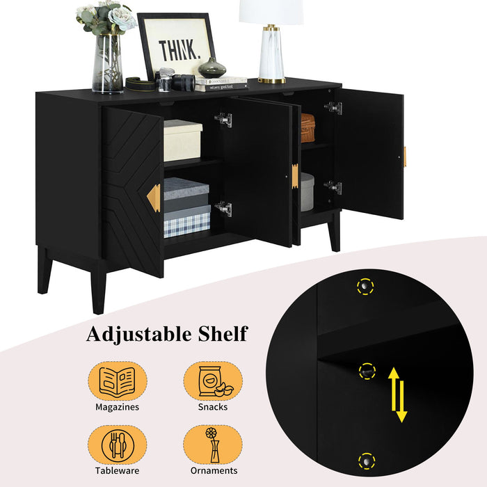 4 Door Sideboard Storage Cabinet For Living Room And Dining Room, 2 Large Cabinets With Gold Handles And Adjustable Shelf - Black