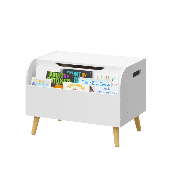 Toy Box With Front Bookshelf, Flip Top Lid, Safety Hinge For Kids Room Organization - White