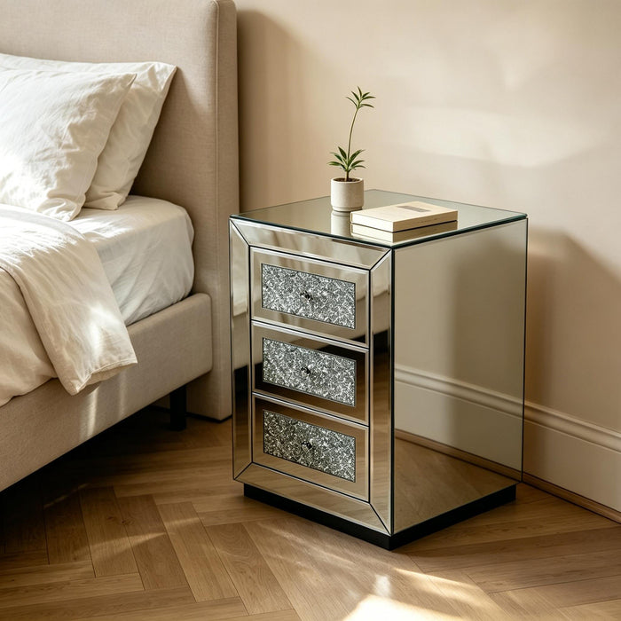 3 Drawer Nightstand With Glass Accents, Bedside Table For Bedroom - Silver