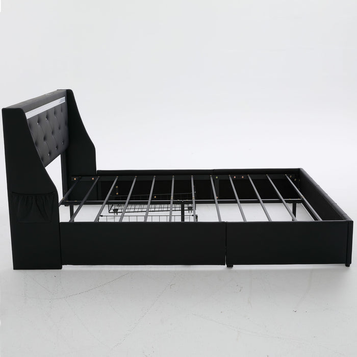 Wingback Upholstered Bed Frame With LED Lights, Charging Station