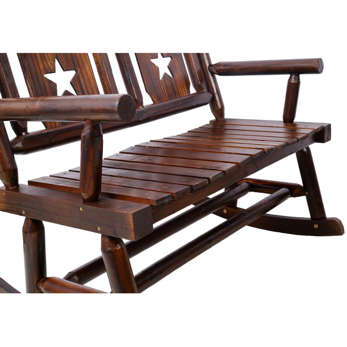 Rustic Outdoor Wood Rocking Bench Double Rocking Chair For 2 Persons With Curved Seat, Porch Rocker - Brown