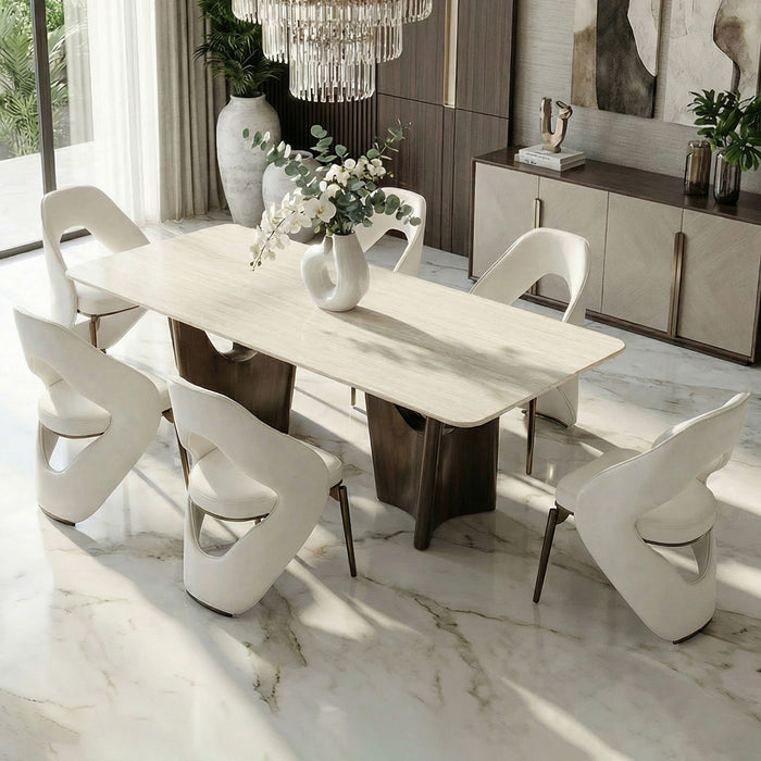 Dining Table Set With Upholstery - Ancient White / Antique Bronze / Beige