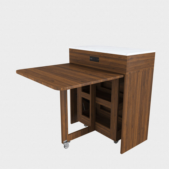 Extendable Dining Table With Power Socket, Lockable Casters, Storage Cabinet, Pull Out Kitchen Island - Natural Walnut