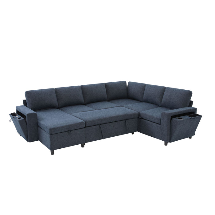 U - Shaped Convertible Sectional Sofa Bed With Storage, USB Charger & Cup Holders