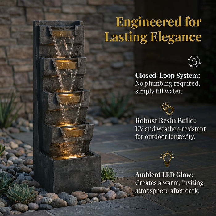 4 Tier Cascading Waterfall Fountain With Warm LED Lights, For Patio - Gray