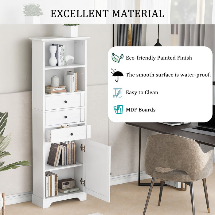 Tall Storage Cabinet With 3 Drawers And Adjustable Shelves For Bathroom
