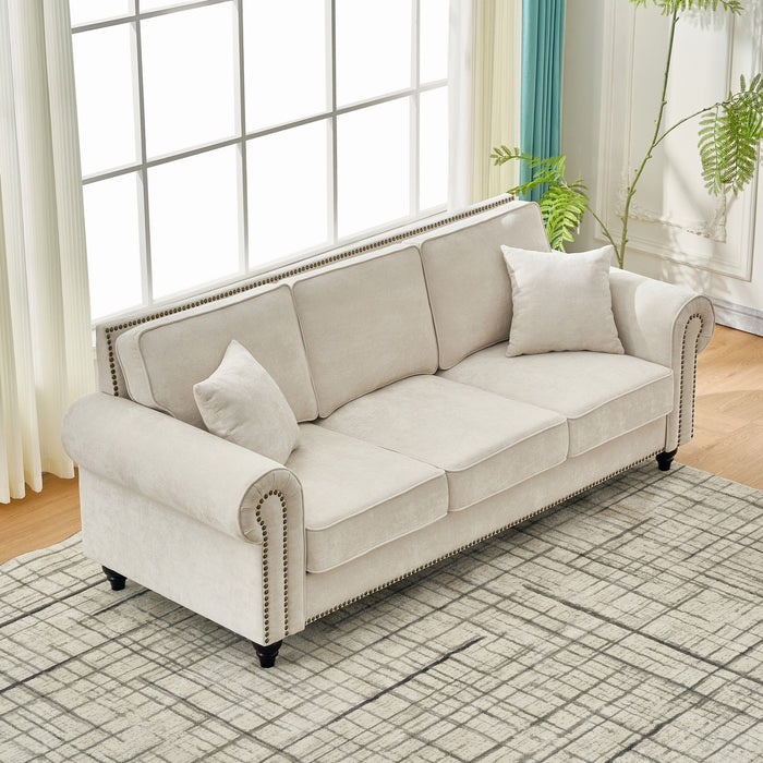 3 Seater Sofa With Tufted Upholstery, Rolled Arms, Nailhead Trim