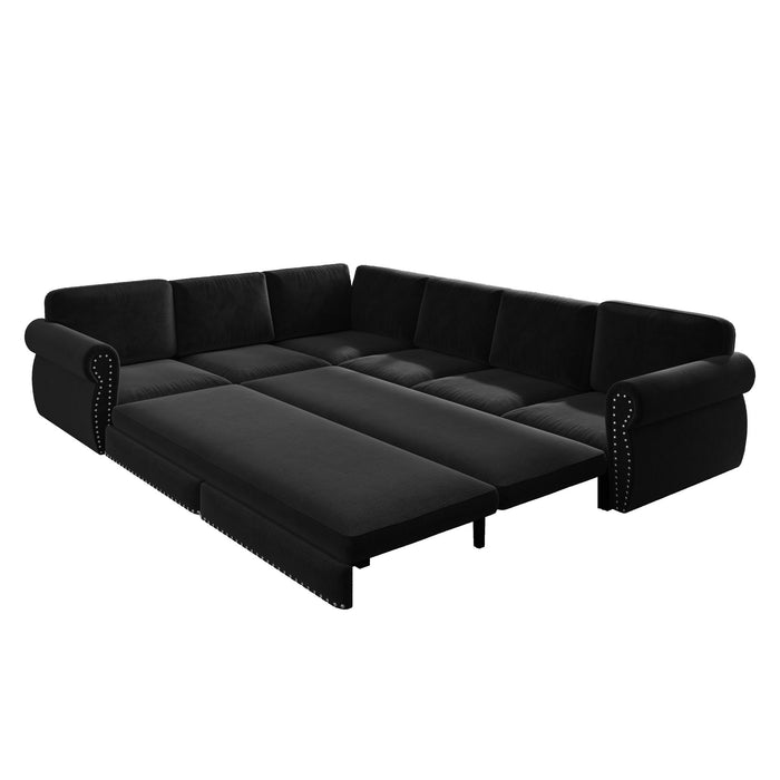 L-Shaped Sofa Couch With Pull Out Bed With Nailhead Trim & Rolled Arm
