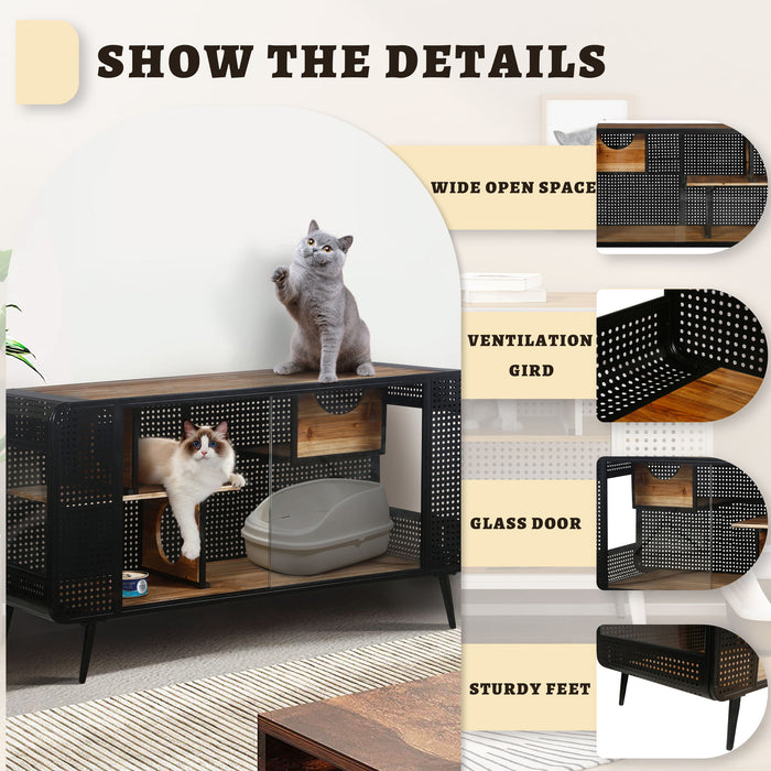 Modern Spacious Cat House With Tempered Glass And Iron Frame For Living Room - Black / Brown