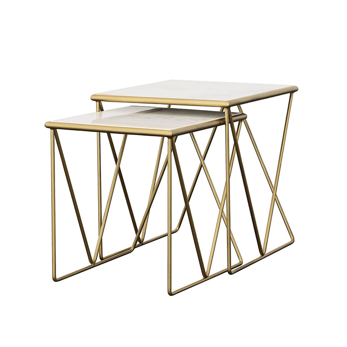 Sinclair - 2 Piece Nesting Table Set With Iron And Luxurious Marble Surface - White / Gold