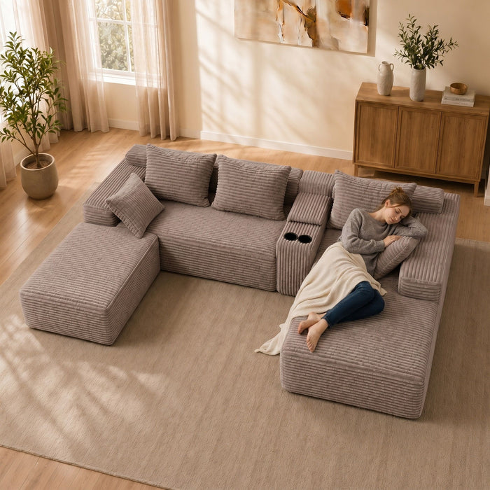 U-Shaped Modular Sofa With Cup Holders And Storage For Living Rooms - Coffee
