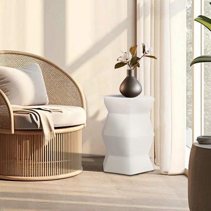 Contemporary Ceramic Drum Stool Indoor / Outdoor Side Table Glazed Accent Garden Stool - White