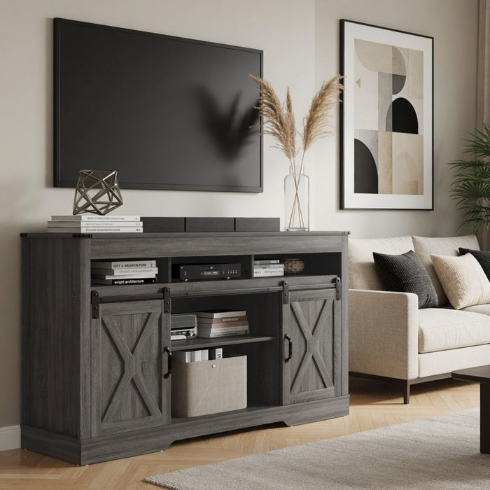 Farmhouse TV Stand With Sliding Barn Doors & Adjustable Storage