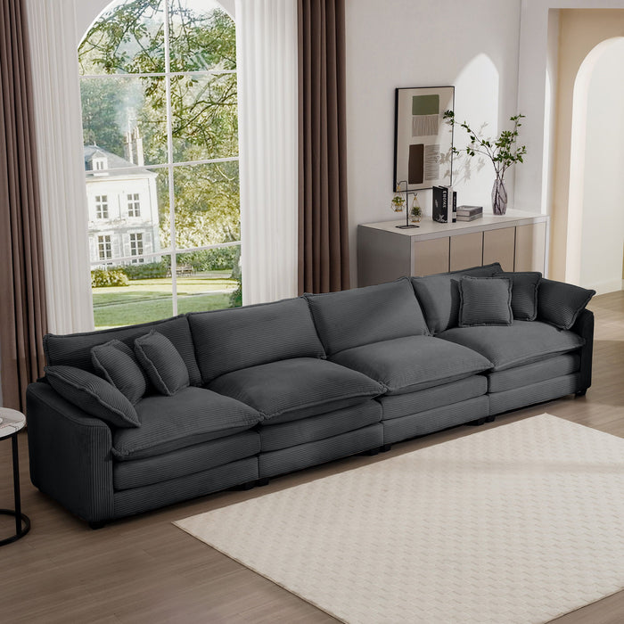 Modern Upholstered 4 Seater Corduroy Fabric Sofa With Arm And Throw Pillows