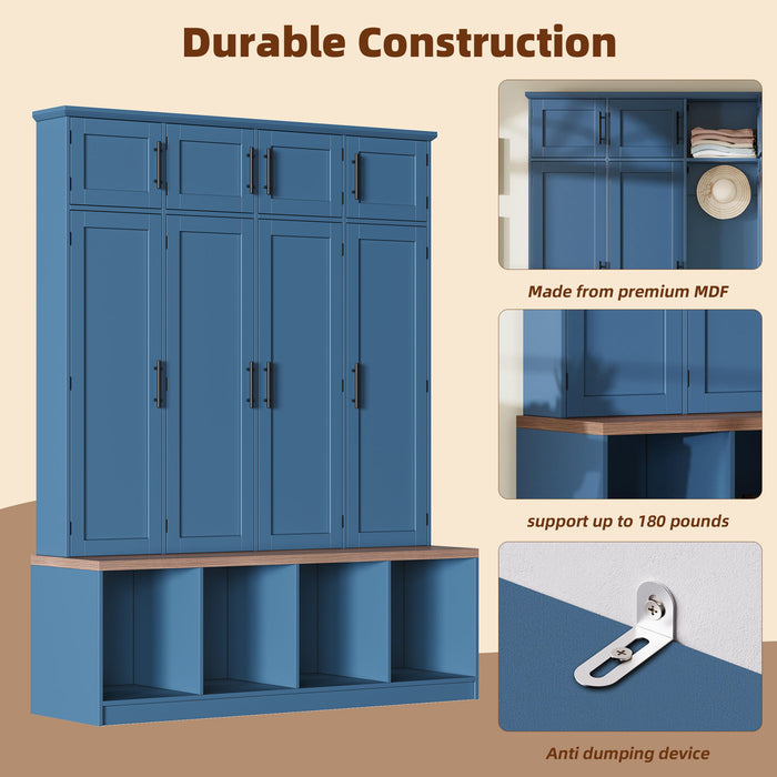 Farmhouse Hall Tree With 4 Hidden Hanging Hooks And 8 Doors