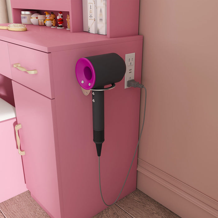 Vanity Desk With LED Mirror Lights And Power Outlet Charging Station, 3 Drawers, 7 Shelves, Storage Stool - Pink