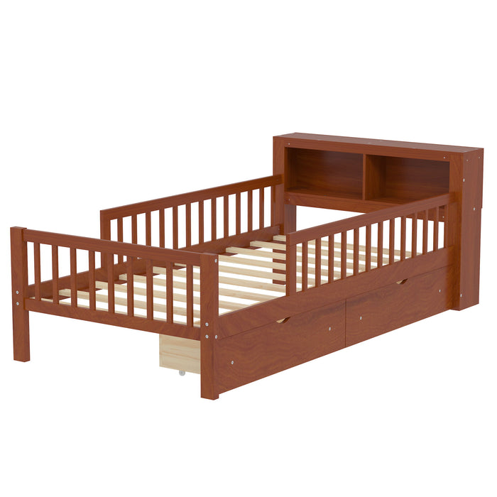 Bed With Headboard Storage Rack, 2 Under Bed Drawers, 3 Side Guardrails For Safety