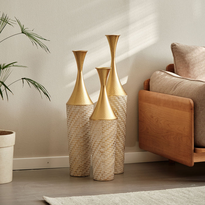 Floor Metal Vase Modern Style Decoration Home Woven Pattern Metal Vase 3 Piece Set Gorgeous Home Decoration Large Glazed Metal Vase - Champagne