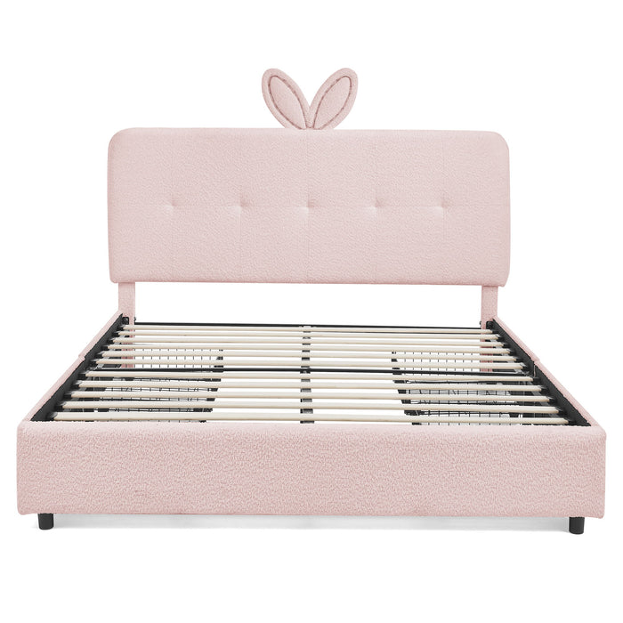 Upholstered Bed With Oversized Rabbit Ear Headboard, LED Lights & 4 Storage Drawers