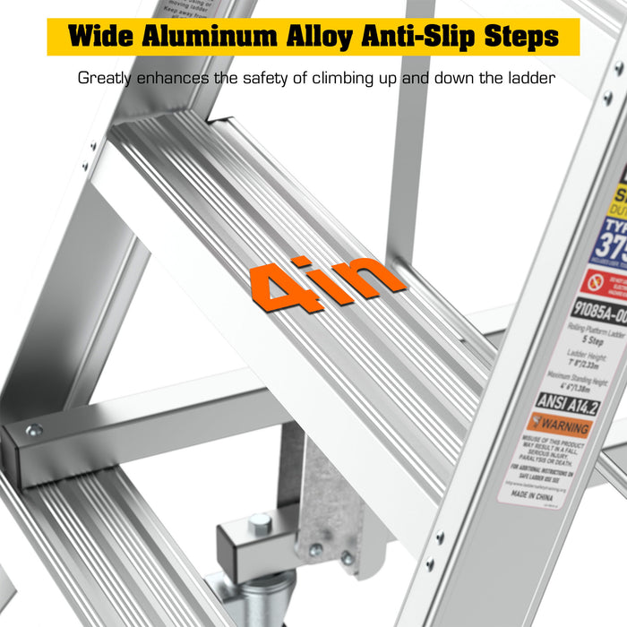 Heavy Duty Aluminum Rolling Platform Ladder With Steps, 375Lbs Capacity
