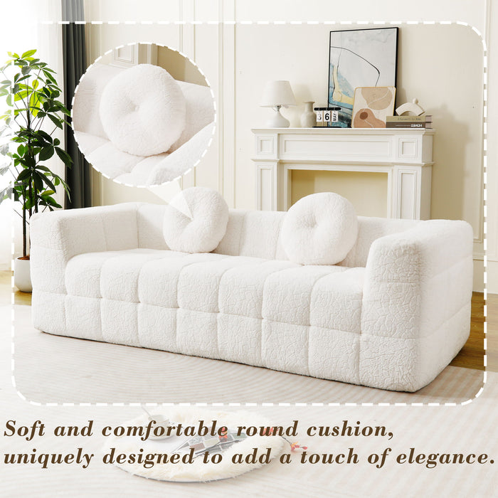 Boneless 3 Seater Sofa With Circular Throw Pillows - Beige