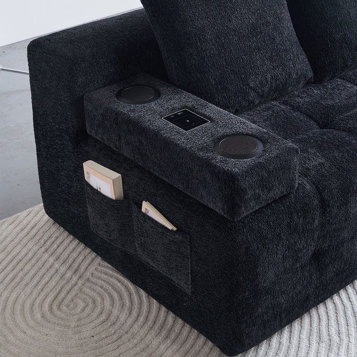 L - Shaped Sectional Sofa With Side Pockets, Wireless Charging, USB Ports, Cup Holder, Bluetooth Speaker, Reversible Lounge Chaise - Black