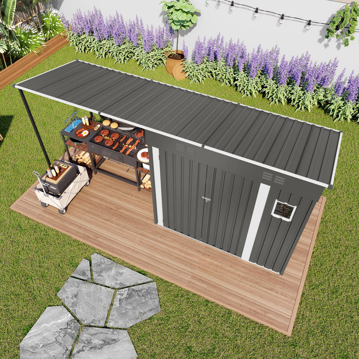 Lean To Shed With Open Sided Pergola, Outdoor Storage Shed & Attached Hardtop Gazebo Combo - Gray