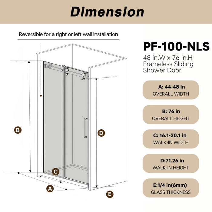 Frameless Single Sliding Shower Door & Handle And Square Tube Track