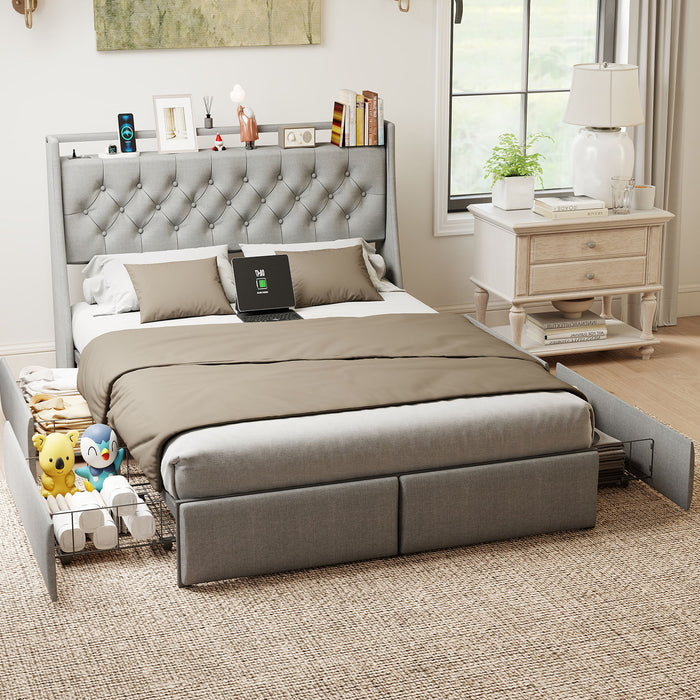 Platform Bed Frame With RGB LED Lights, Charging Station, Storage Headboard & 4 Underbed Drawers