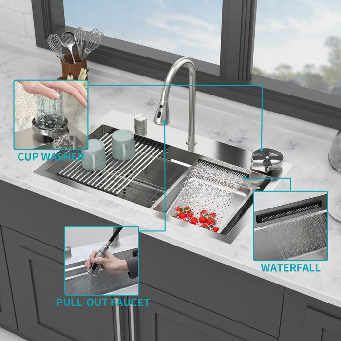 Drop In Waterfall Kitchen Sink With Pull Out Faucet & Cup Washer