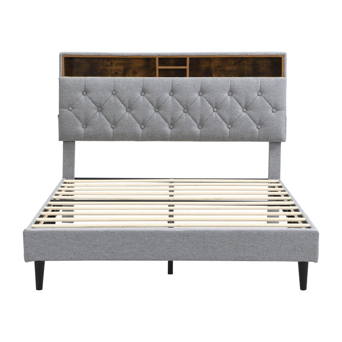 Modern Upholstered Platform Bed Frame With Button Tufted Headboard And USB Ports