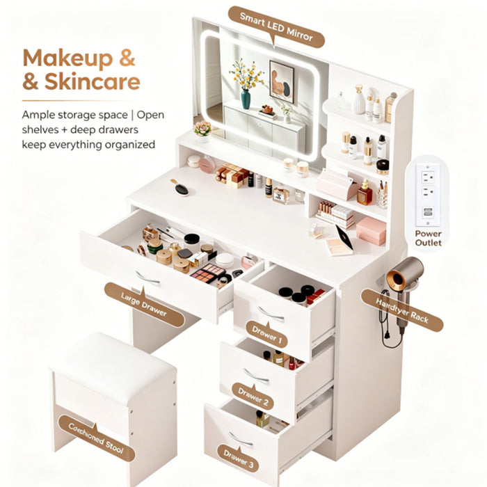 Vanity With LED Mirror And Storage Drawers For Bedrooms - Cream White