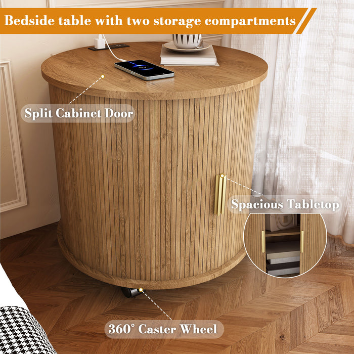 Cylinder Nightstand With Charging Station & Sliding Door