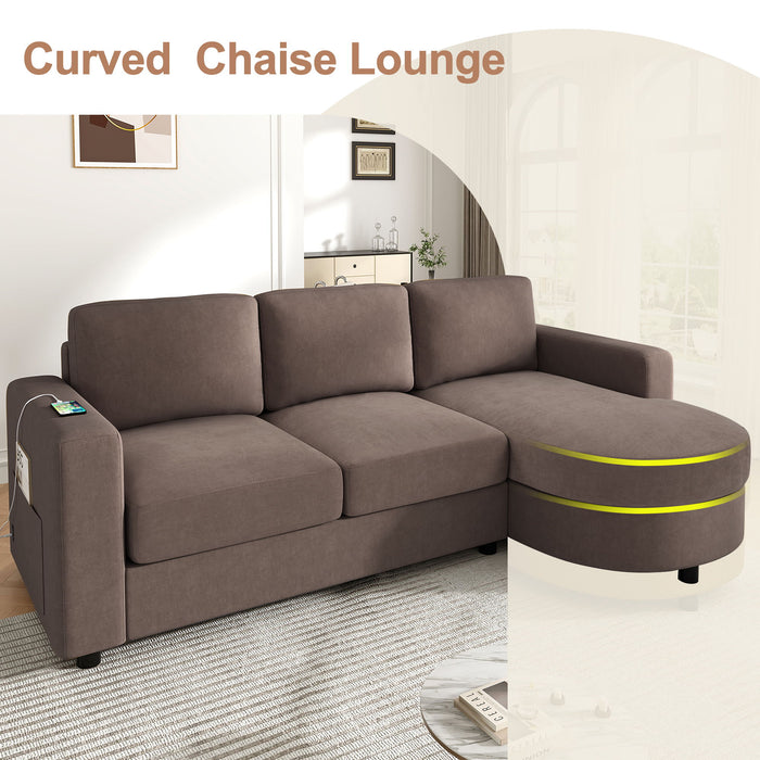 Modern L-Shaped Sectional Sofa With Curved Chaise, USB Ports, And Side Storage Pockets