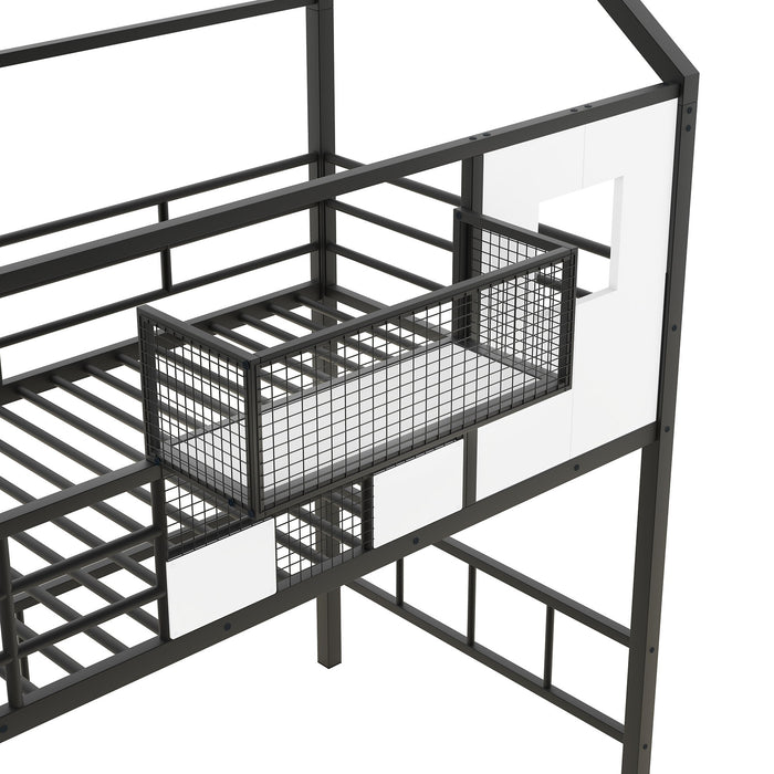 Metal Loft Bed With Roof Design And Storage Box With Guardrails And Integrated Ladder