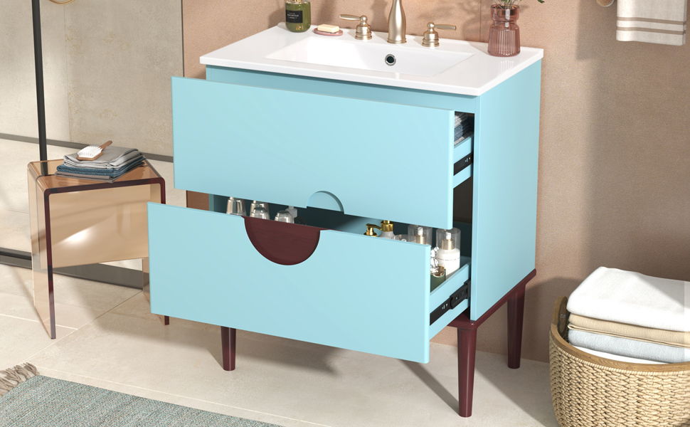 Bathroom Vanity Cabinet With Ceramic Sink Combo Set, Frame Modern Bathroom Storage Cabinet With 2 Drawers - Blue
