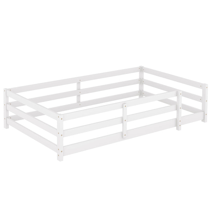 Twin Size Montessori Floor Bed With Fence - White