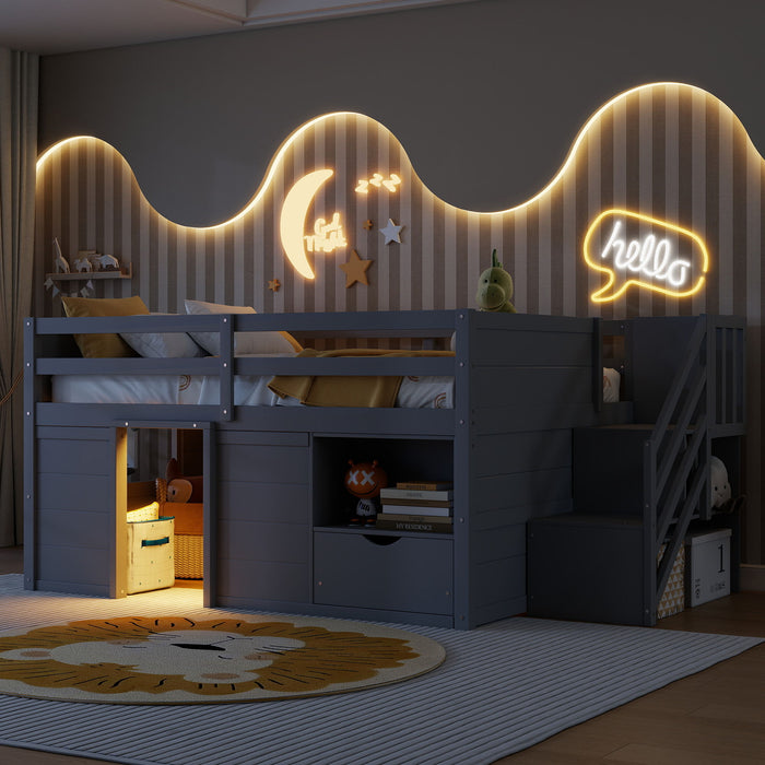 Low Loft Bed Frame With Built In Stairs, Storage Drawer, Shelf And 7 Color LED Light