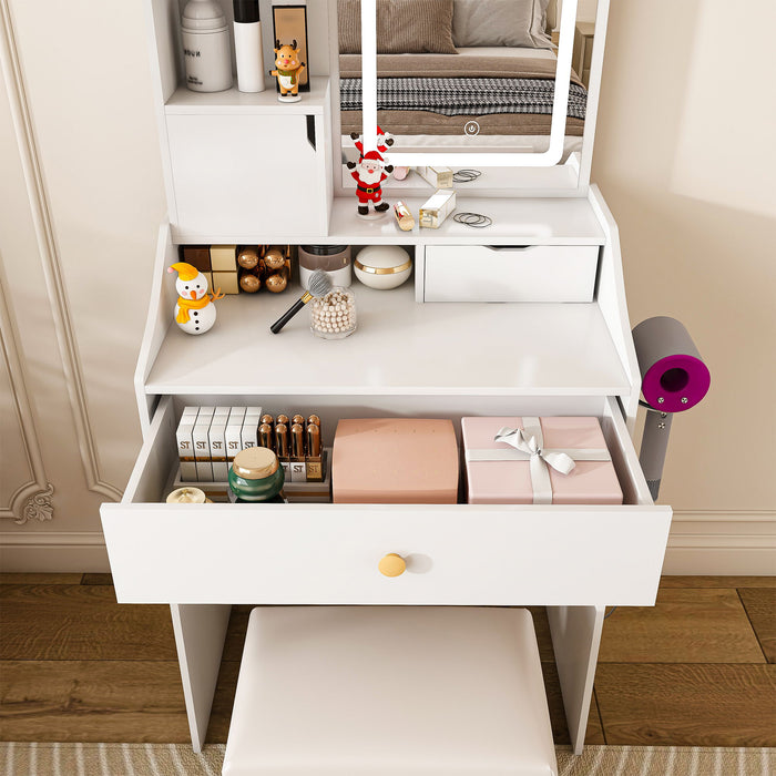 3 Color LED Vanity Mirror With Stool, Dressing Table For Bedroom, 2 Drawers & 5 Storage Cabinets (4 Open + 1 Hidden), Adjustable Lighting - White