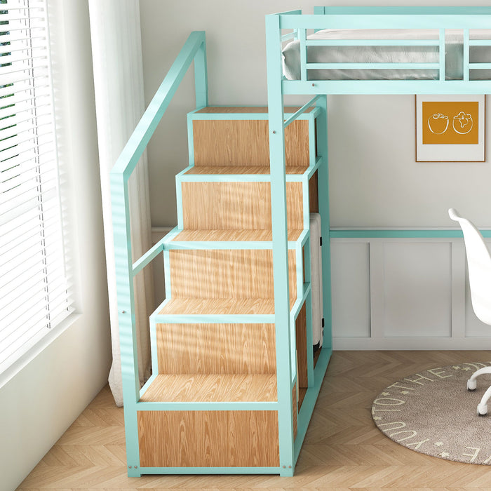 Heavy Metal Frame Full Loft Bed With Desk & Storage, 4 Cabinets, Staircase, Rack Space Saver - Green