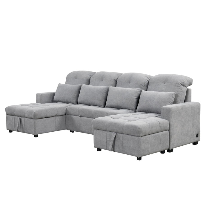 Oversized U-Shaped Versatile Sectional, Pull-Out Sofa Bed With Double Storage Chaise Lounges And 2 USB Ports For Living Room
