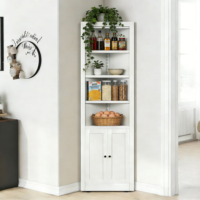 Tall Corner Storage Cabinet With 2 Doors, 5-Tier With Adjustable Shelve, Freestanding - White