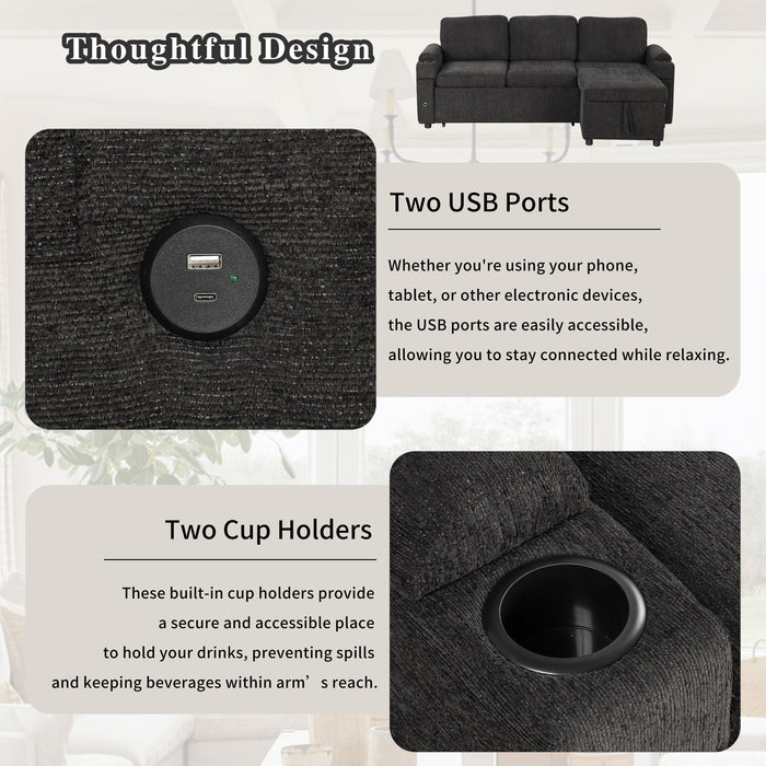 Convertible L Shaped Sofa Couch With Storage, Cup Holders, USB Ports