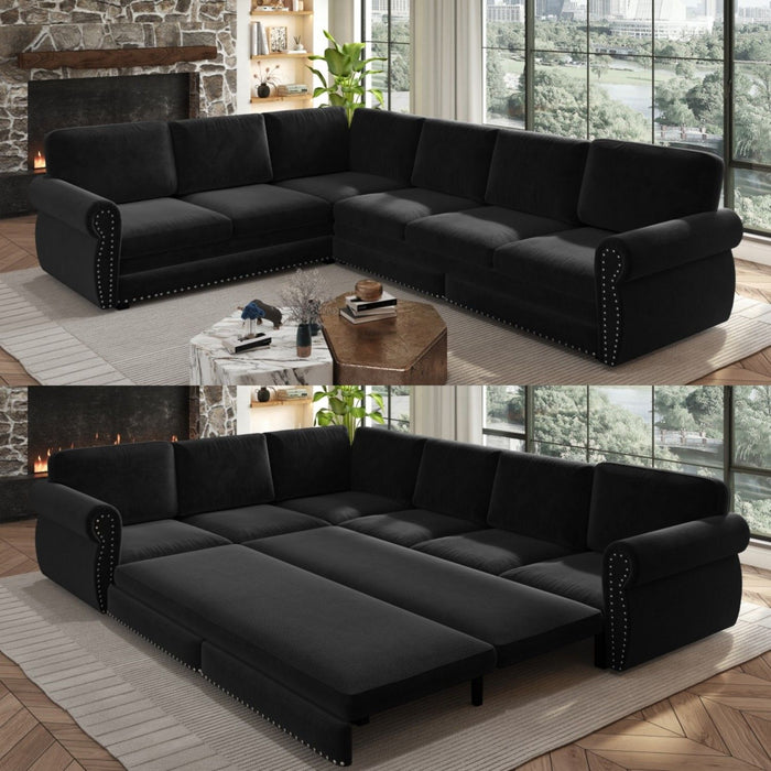 L-Shaped Sofa Couch With Pull Out Bed With Nailhead Trim & Rolled Arm