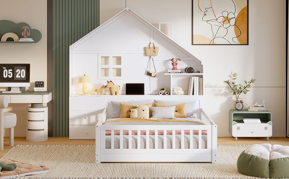 Full Size House Bed With Window And Bedside Drawers, Platform Bed With Shelves And A Set Of Sockets And USB Port - White