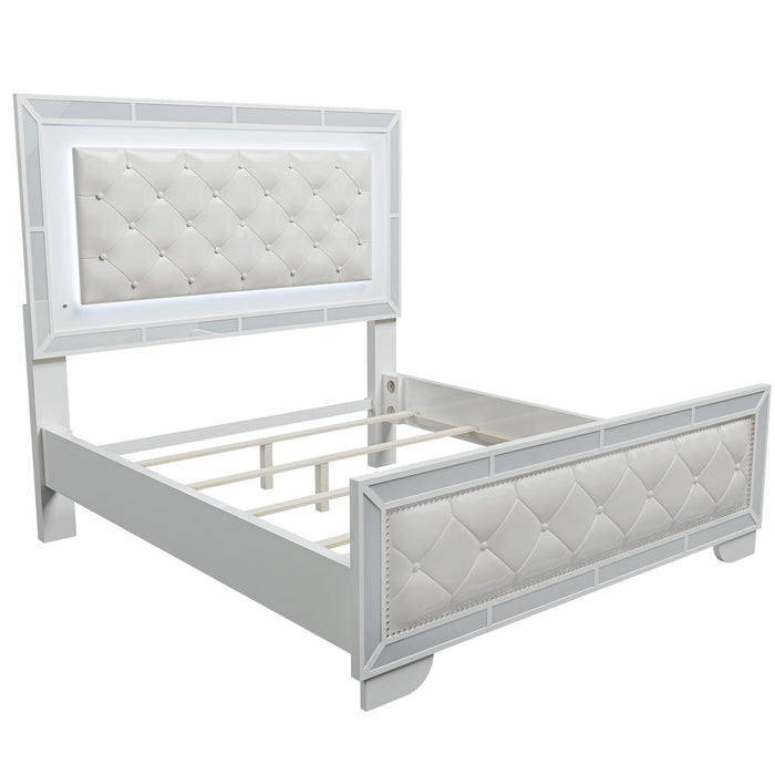 Eastern King Size Bed With LED Lights And Mirror Trim - Cream / Ivory