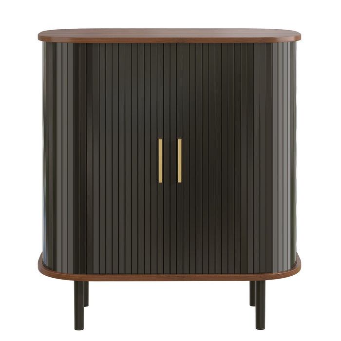 Fluted Wine Bar Cabinet With 8 Grid Wine Rack, 5 Level Adjustable Shelves, 2 Glass Holders